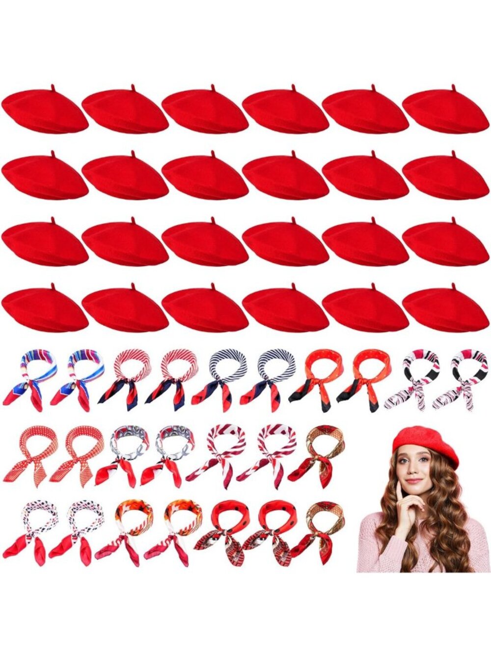 48 Pcs Women's Beret Hats Set with Silky Scarves - Fashion Accessories Bundle
